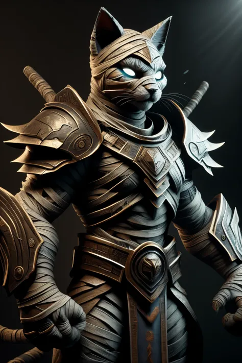 bastet, a cat dressed in armor, writst armor, shoulder plates, shoulder armor, chest armor, black and bronze armor with runes, wrapped in bondages, mummy style, glowing eyes, fighting pose <lora:ral-bastet-sd15:1>