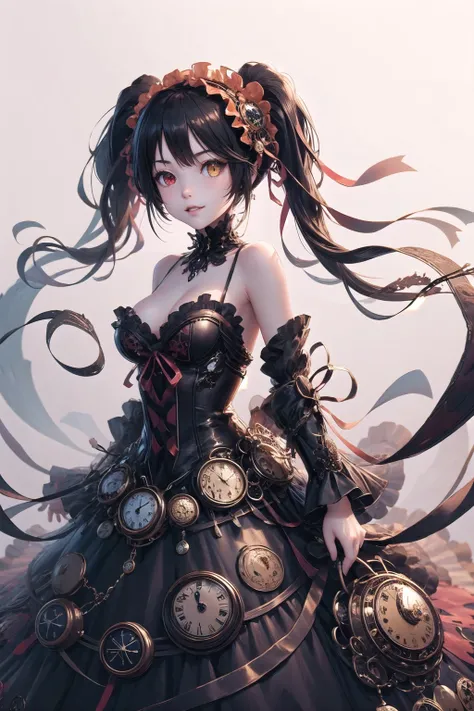 <lora:wrenchclockworkcharm:1>, wrenchclockworkcharm, long hair, gown, solo, giggling, simple background, layered dress, hair ornament, embroidery, cowboy shot, <lora:TokisakiKurumi:0.85>, TokisakiKurumi, KurumiBase, (clock eyes), heterochromia, twintails, ...