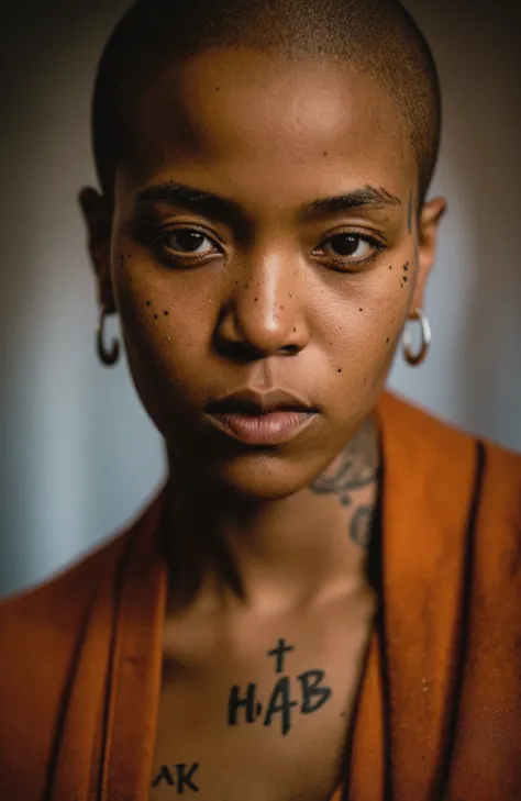 portrait of a young african woman in a monk's robe,intense eyes,battle scars,tattoos,angry,looking into camera,high contrast,mas...