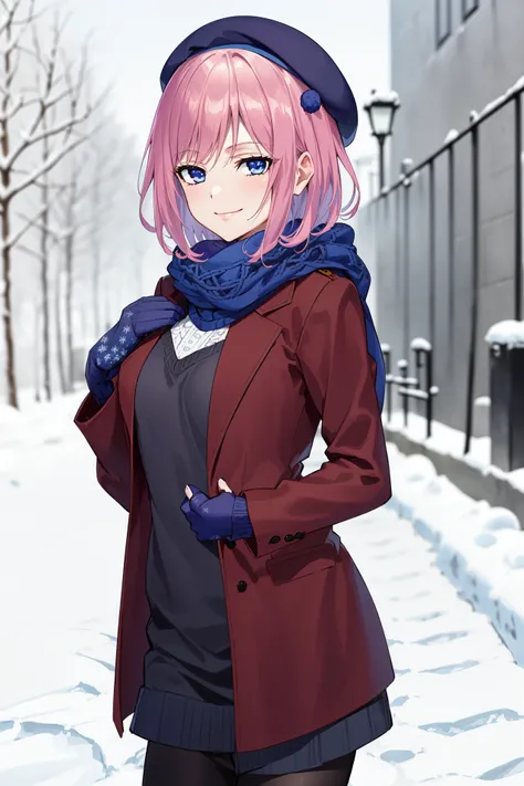 (masterpiece, best quality, high detailed, 8k uhd:1.2), <lora:MatsuriMizusawaV1:0.8>, matsuri ctrs, 1girl, solo, slender,(large breasts), (closed mouth, smirk:1.2), (short hair), (winter beret, winter clothes:1.4), (blue scarf:1.2), (cowboy shot, looking t...