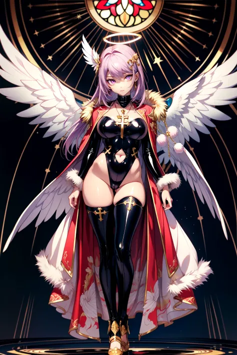 1girl,masterpiece,illustration,full body,disgust,chromatic aberration,hunter,huge weapon,necklace,hair ornament,long hair,vampire hunter,angel,halo,wings,angel wings,feathers,cross,cross necklace,earrings,pink eyes,purple hair,pennant,stained glass,latex b...