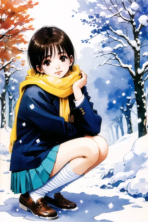 1girl, scarf, squatting, solo, skirt, short hair, breath, school uniform, brown hair, black hair, black eyes, socks, jacket, bro...