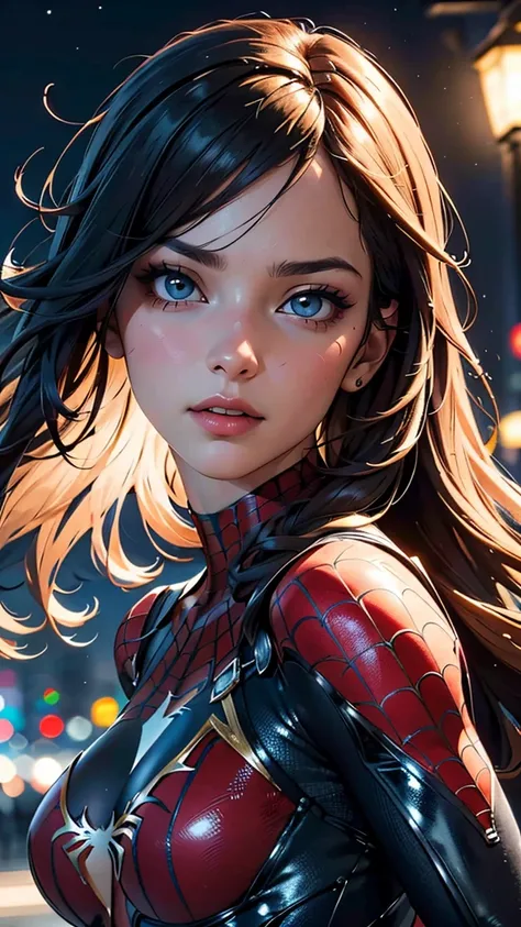 (best quality, masterpiece, colorful, dynamic angle, highest detailed) upper body photo, fashion photography of cute, intense long red hair, Mary Jane in spiderman suit, (ultrahigh resolution textures), in dynamic pose, bokeh, glowing web, (intricate detai...