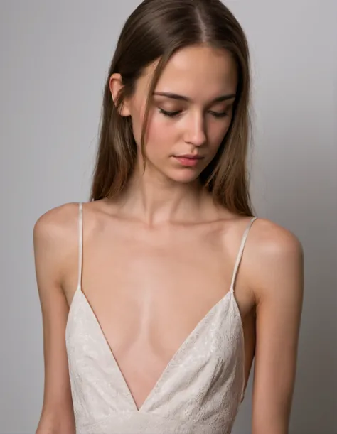 a face portrait of a young (slimwoman:1) looking down in a (small dress with great cleavage) posing for a picture, (flat chest:1), Hyperdetailed Photography, low light, hard shadows, <lora:slimwoman-000002:1.75>, white background, detailed skin texture, sk...