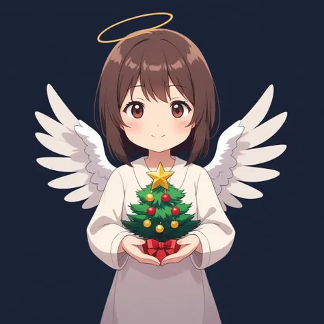 minimalist design anime artwork painting by dark background, a cute angel holding a small christmas tree on palm, soft color rendering, . anime style, key visual, vibrant, studio anime, highly detailed . clean, simple, restrained, elegant