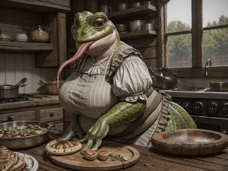 (overweight female), (highly detailed photo of a frog:1.2), [amphibian,reptile,green body,scalie,yellow body,multicolored body], curvy figure, female, (huge breasts), (peasant clothing), (bottomwear, topwear:1.3), medieval, indoors, kitchen, (cooking food ...