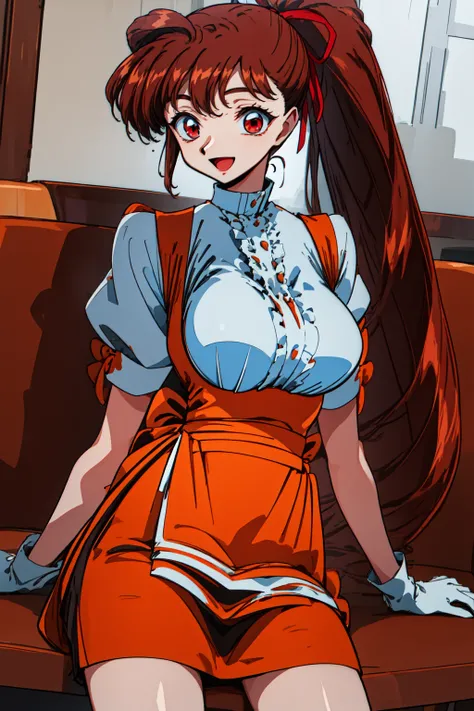 1girl, (cowboy shot:1.2), sitting, smile, open mouth, (restaurant:1.2),
vg_yuuka, red eyes, brown hair, very long hair, long hair, ponytail, high ponytail, bangs, red ribbon, hair ribbon, large breasts, breasts, white gloves, waitress, short sleeves, white...