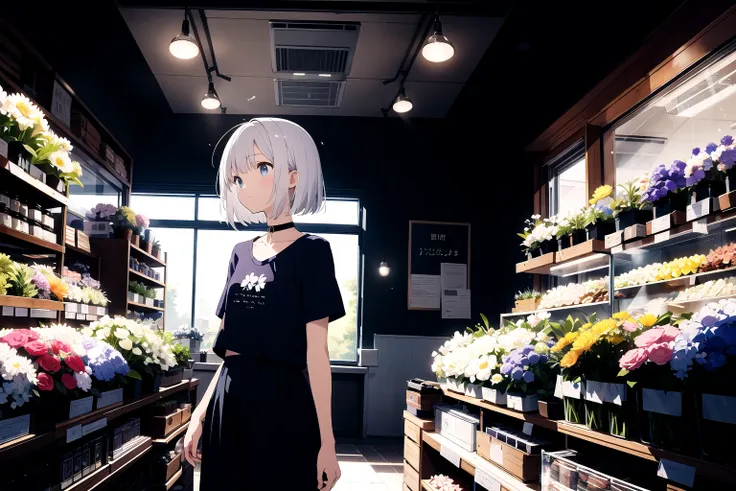 illustration, flower shop, 1girl, solo, looking away, white hair, bob cut, slanted blue eyes, black choker, small breasts, t-shi...