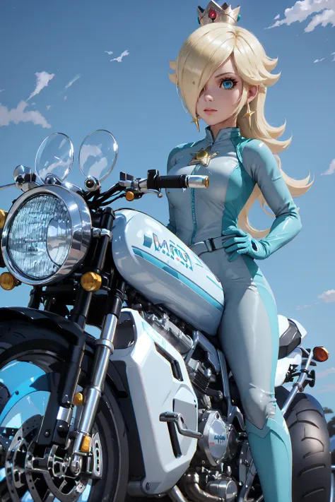 1girl, IncrsRsln, hair over one eye, <lora:RosalinaV3:0.9>, RslnBiker, biker clothes, bikesuit, crown, bodysuit, gloves, luma (mario), cowboy shot, motorcycle, motor vehicle, ground vehicle, on vehicle,