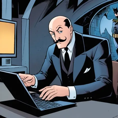 comic book art of <lora:Alfred Pennyworth:1.2>
Alfred Pennyworth a bald man with a mustache in a suit is using a laptop inside batcave In Gotham City, comic art, graphic novel illustration
