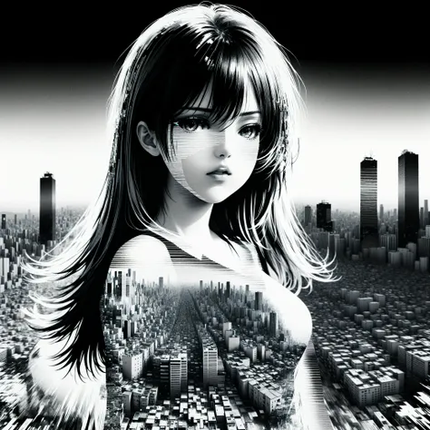 distorted glitch art manga, black and white, image of a girl in an overlay over a city scape