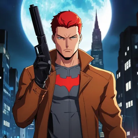 anime artwork of <lora:Red Hood:1.2>
Red Hood a man in a brown jacket holding a gun in Gotham city universe, anime style, key visual, vibrant, studio anime, highly detailed