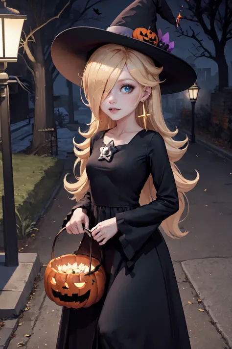 1girl, IncrsRsln, hair over one eye, <lora:RosalinaV3:0.75>, RslnHllwn, witch hat, pruple dress, halloween costume, purple headwear, black dress, long dress, night, halloween, halloween bucket, happy halloween, lamppost, looking at viewer,