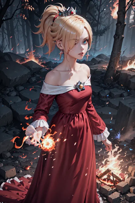 1girl, IncrsRsln, hair over one eye, <lora:RosalinaV3:0.9>, IncrsRsln, RslnFF, ponytail, crown, red dress, bare shoulders, off-shoulder dress, long sleeves, fire, fireball, holding fireball, pyrokinesis, Holding fire with her 2 hands, Surrounded by flames