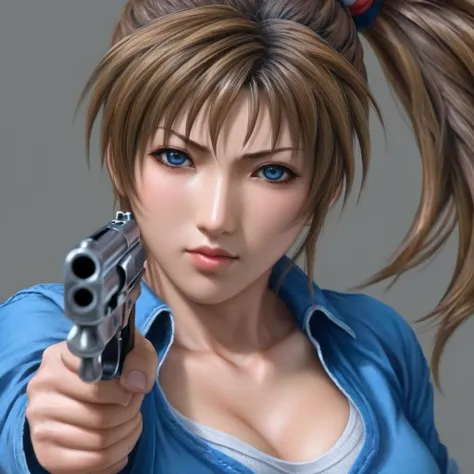 Hyperrealistic art of <lora:Mai Shiranui:1.2> Mai_Shiranui:0.5
a woman in a blue top holding a gun Hyperrealism Style, Extremely high-resolution details, photographic, realism pushed to extreme, fine texture, incredibly lifelike