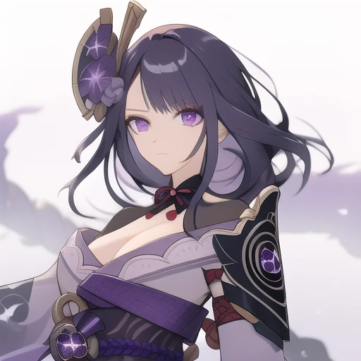 raiden shogun, 1girl, solo, breasts, purple eyes, purple hair, cleavage, japanese clothes, kimono, long hair, hair ornament, mole under eye, braid, sash, looking at viewer, mole, bangs, obi, white background, obiage, closed mouth, simple background, flower...