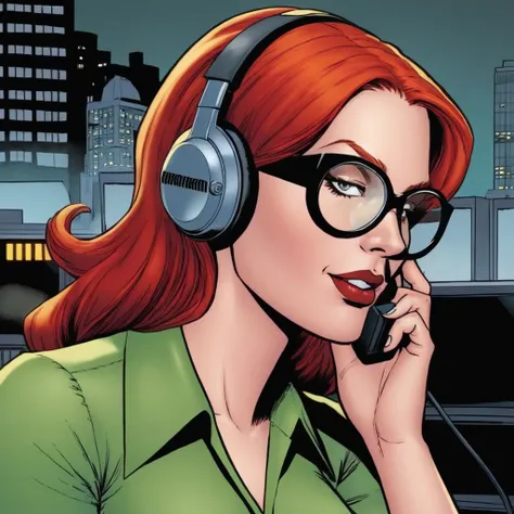 comic book art of <lora:Barbara Gordon:1.2>
Barbara Gordon a red hair woman in glasses is talking on a headset In Gotham City, comic art, graphic novel illustration