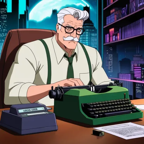 anime artwork of <lora:Commissioner Gordon:1.2>
Commissioner Gordon a man sitting at a desk with a typewriter in Gotham city universe, anime style, key visual, vibrant, studio anime, highly detailed