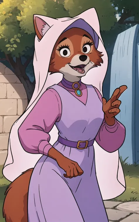 CARTOON_MaidMarian_ownwaifu,
1girl, furry, furry female, animal ears, black eyes, body fur, snout, two-tone fur, orange fur, animal nose, fangs,  tail,
dress, long sleeves, purple dress, veil, choker, jewelry, brooch, hood up, long dress, belt, gem, puffy ...