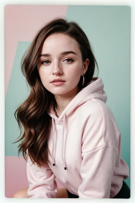 photo of (kd3v3r-135:0.99), closeup portrait, perfect hair, posing, (modern photo, one-shoulder Birch Hoodie, Leggings), (polaroid frame), 24mm, (analog, film, film grain:1.3), (plain Pastel Pink background, gradient), ((detailed eyes)), (seductive pose), ...