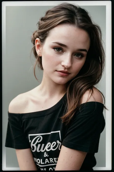 photo of (kd3v3r-135:0.99), closeup portrait, perfect hair, hair upsweep updo, posing, (modern photo, one-shoulder Mocha graphic tee), (polaroid frame), 24mm, (analog, film, film grain:1.3), (plain Warm Gray background, gradient), ((detailed eyes)), (seduc...