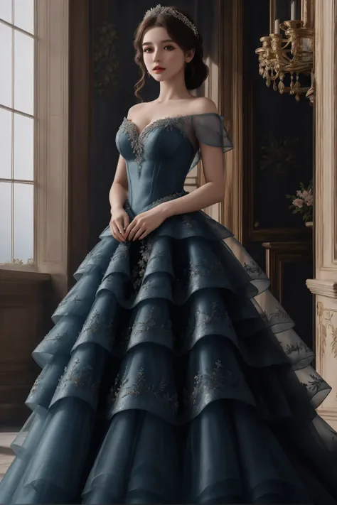 ((best quality)), absurdres, ((ultra high res)), a woman in tiered organza princess gown, blue gown, beautiful and elegant, looking at viewer, extremely detailed, realistic, 8k, masterpiece, <lora:royal:0.78>