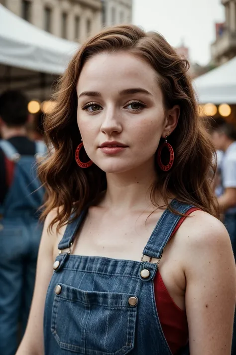 photo of (kd3v3r-135:0.99), closeup portrait, perfect red curly hair, portrait, (modern photo, Royal Blue overalls), 24mm, (analog, cinematic, film grain:1.3), (A bustling, modern city square during a vibrant, lively antique fair), ((detailed eyes)), (sedu...