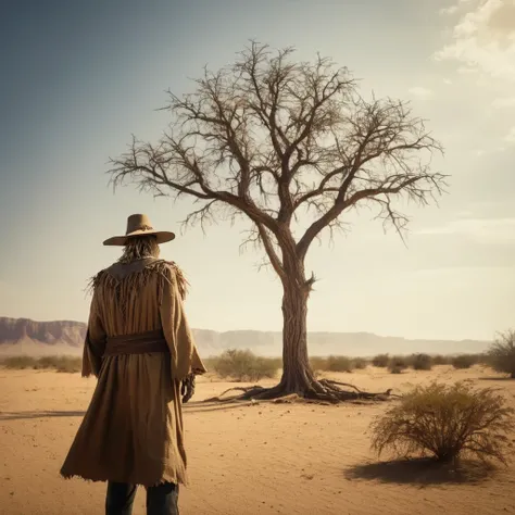 cinematic film still of <lora:Scarecrow:1.2>
Scarecrow a man standing in a desert with a giant tree in Gotham city universe, shallow depth of field, vignette, highly detailed, high budget, bokeh, cinemascope, moody, epic, gorgeous, film grain, grainy