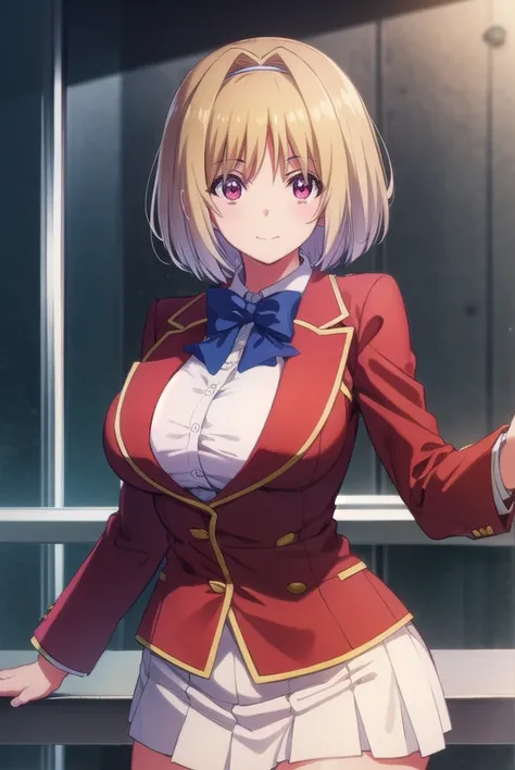 kikyoukushida, <lora:kikyou kushida s2-lora-nochekaiser:1>,
kikyou kushida, short hair, blonde hair, (red eyes:1.3), hairband, hair intakes, smile,
BREAK shirt, long sleeves, bow, school uniform, jacket, white shirt, bowtie, blue bow, blazer, (red blazer:1...
