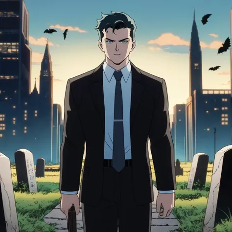 anime artwork of <lora:Bruce Wayne:1.2>
Bruce Wayne a young boy in a suit and tie in grave yard In Gotham City Universe, anime style, key visual, vibrant, studio anime, highly detailed