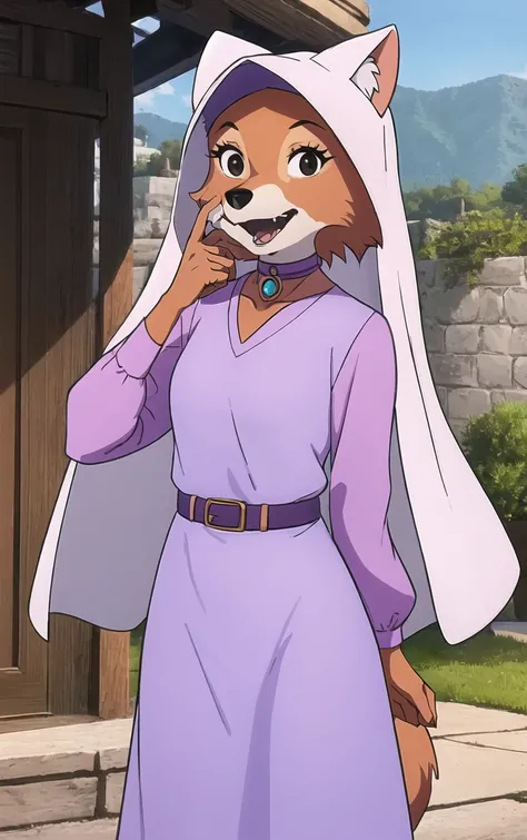 CARTOON_MaidMarian_ownwaifu,
1girl, furry, furry female, animal ears, black eyes, body fur, snout, two-tone fur, orange fur, animal nose, fangs,  tail,
dress, long sleeves, purple dress, veil, choker, jewelry, brooch, hood up, long dress, belt, gem, puffy ...