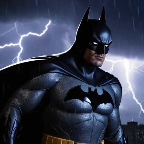 Gothic style, <lora:Batman:1>
a closeup on batman silhouetted standing in front of a lightning bolt in stormy rainy weather In Gotham City Universe, Dark, mysterious, haunting, dramatic, ornate, detailed