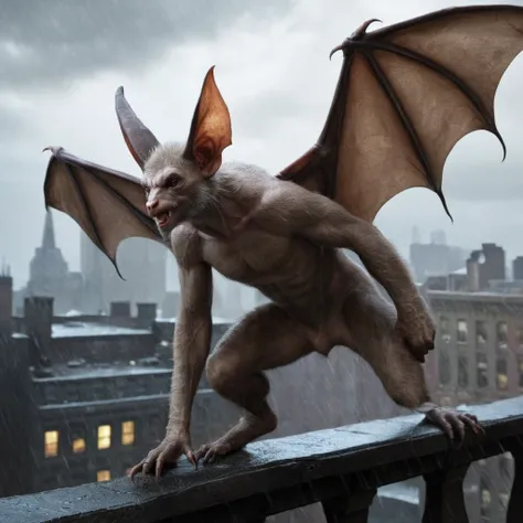 Hyperrealistic art of <lora:Man-Bat:1>
Man-Bat a naked giant bat human creature on a ledge in rain in Gotham city universe, Extremely high-resolution details, photographic, realism pushed to extreme, fine texture, incredibly lifelike
