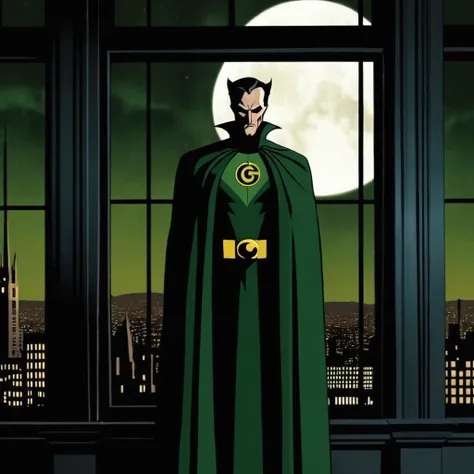 Horror-themed, <lora:Ras al Ghul:1.2>
Ras al Ghul a man with a perfect shaped body standing in front of a window with a moon behind him In Gotham City, Eerie, unsettling, dark, spooky, suspenseful, grim, highly detailed