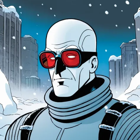 comic book art of <lora:Mr. Freeze:1.2>
Mr. Freeze a man with red glasses on his face in snow In Gotham City, comic art, graphic novel illustration