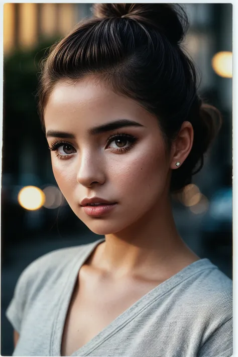 photo of (dem1rmawby:0.99), closeup portrait, perfect hair, hair upsweep updo, posing, (modern photo, graphic tee), (polaroid frame), 24mm, ((tintype)), (analog, film, film grain:1.3), ((on a Paris street, night, gritty)), ((detailed eyes)), (seductive pos...