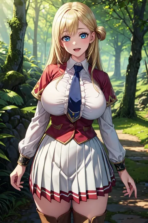 anime girl in uniform posing in a forest with trees