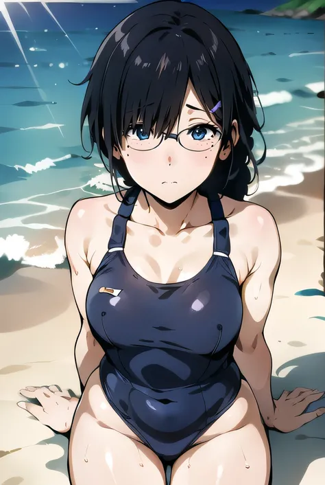 masterpiece, best quality, official art, professional artwork, highres, lens flare, (vibrant_color:1.2), <lora:Kaho:0.8>, kaho, 1girl, solo, blue eyes, looking at viewer, black hair, hair ornament, braid, glasses, one hairclip, (mole, mole under her eye), ...