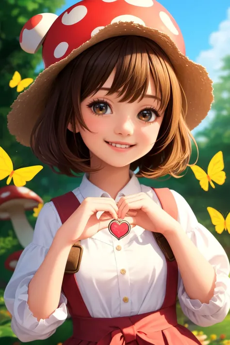 (best quality), (masterpiece), a little cute 10 yo girl, smiling face, mushroom like hat on head, highly detailed butterfly, looking at viewer, heart shaped hand, hearts floating around