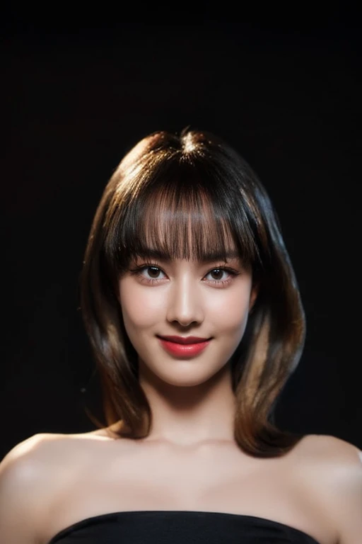 Best quality, masterpiece, ultra high res, (photorealistic:1.4), (extremely detailed eyes), (((strapless))), raw photo, 1girl, solo, realistic, (looking at viewer), upper body, ((plain black background:1.5)), bare shoulders, smile, long black hair, ((long ...