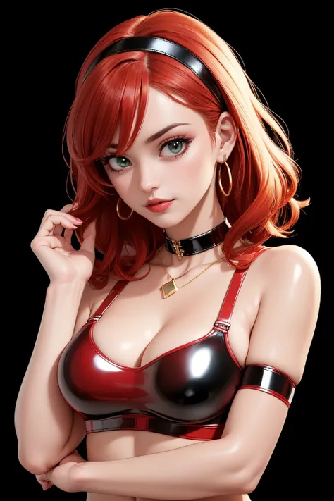 ((magnific cute woman, highly detailed, hyperreal photography)), goth choker, jewelry, earrings, (((Red Latex sport bra))), gold hairband, round breasts, perfect realistic hands, black pendant, green background, hard breasts
