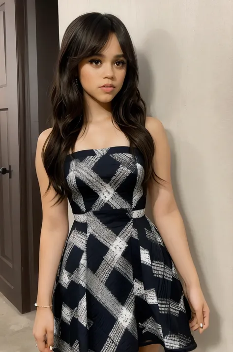 jenna_ortega wearing dress with cutout, long hair, eyeliner,
checkerboard pattern dress,
upper body, solid wall background,
<lora:JennaOrtega_Rebirth:0.8>