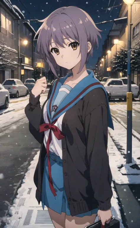 masterpiece, best quality, high resolution,
cowboy shot, anime coloring, 
 ,NIGHT, pavement, snowing, snow,utility pole,  (Pavement and Snowscape:1.2)
kyoani haruhi style, cinematic,
,kyoani haruhi style, 1girl, solo, yuki nagato, kita high school uniform,...