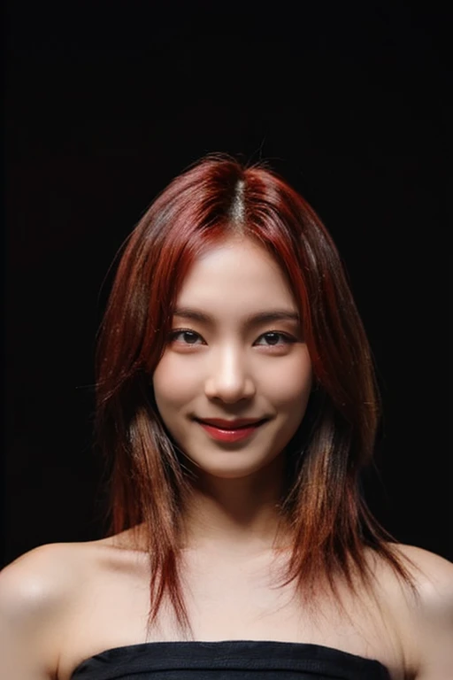 Best quality, masterpiece, ultra high res, (photorealistic:1.4), (extremely detailed eyes), (((strapless))), raw photo, 1girl, solo, realistic, (looking at viewer), upper body, ((plain black background:1.5)), bare shoulders, smile, bright red hair, <lora:i...