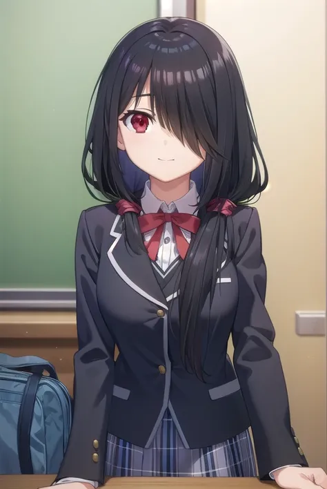 kurumitokisaki, <lora:kurumi tokisaki s2-lora-nochekaiser:1>,
kurumi tokisaki school uniform, (tokisaki kurumi:1.2), long hair, skirt, black hair, (red eyes:1.3), long sleeves, ribbon, school uniform, jacket, pleated skirt, bag, (hair over one eye:1.5), bl...