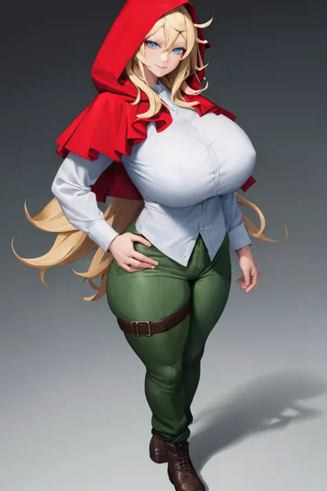 masterpiece, best quality, 1girl, solo, <lora:grimm-rh-richy-v1:1> grimm, blue eyes, red hood, hood up, red capelet, white shirt, shirt tucked in, green pants, huge breasts, muscular female, thigh strap, looking at viewer, smile, huge ass, full body