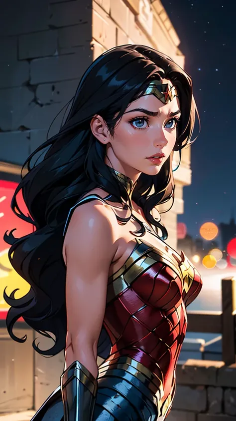 (best quality, masterpiece, colorful, dynamic angle, highest detailed)(Wonder Woman), upper body photo, fashion photography of cute black long hair girl (Wonder Woman), dressing high detailed Wonder Woman suit (high resolution textures), in dynamic pose, b...