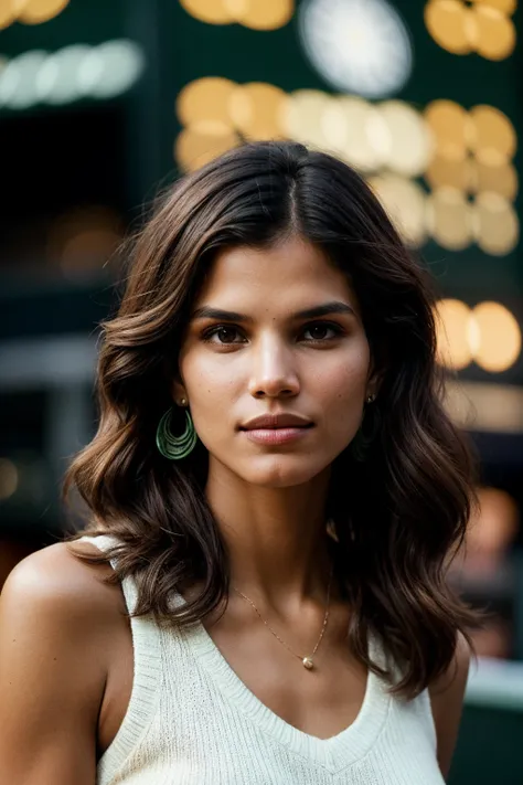 photo of (r0liveira:0.99), closeup portrait, perfect hair, portrait, (modern photo, Tennis Court Green V-neck knit tunic), 24mm, (analog, cinematic, film grain:1.3), (A bustling, 1980s Wall Street trading floor:1.1), ((detailed eyes)), (seductive pose), (e...