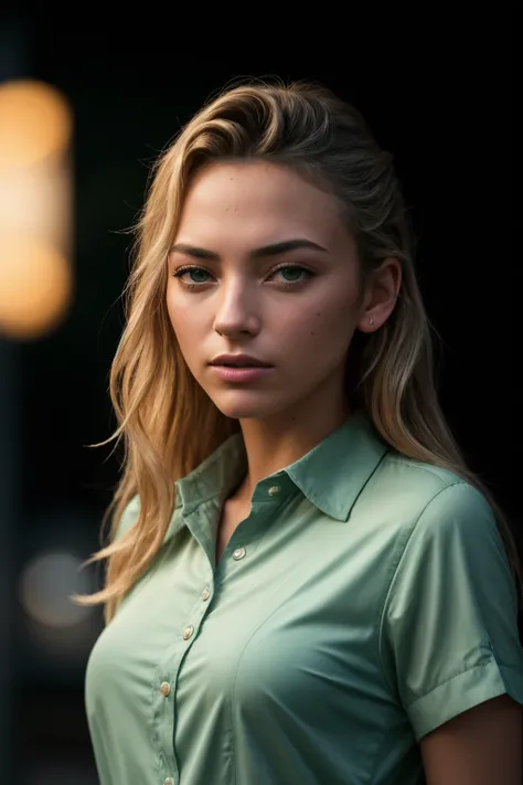 perfect cinematic shoot of a beautiful woman (EPJOBr0wn:.99), a woman standing at a bus stop, perfect hair, wearing sexy Fuchsia (Pleated button-down blouse with a pointed collar and short sleeves), (bioluminescent algae blooms in background:1.2), (detaile...