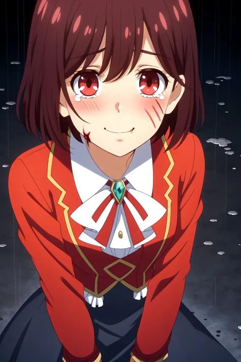 Rei, 1girl, solo, looking at viewer,brown hair, red eyes,short hair, blush, smile, skirt, long skirt, jacket, outdoors, scenic, cry, tears, sad, dark_background, rain, clouds, scream, (injury),close up, scars, face focus, blood,